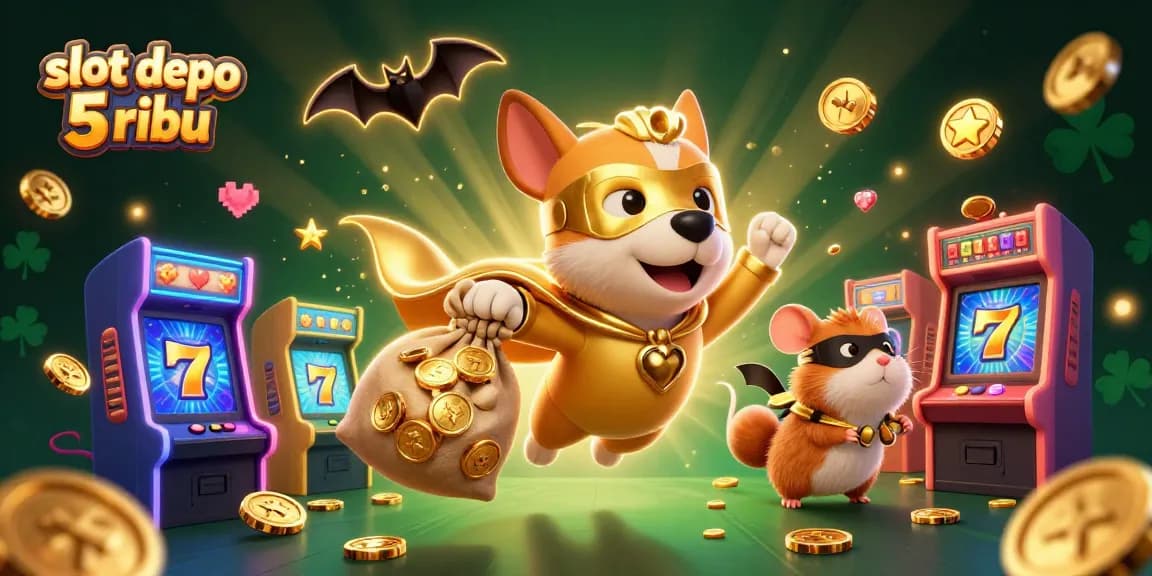 Experience the thrill of slot depo 5 ribu with a superhero dog and vibrant gaming elements.