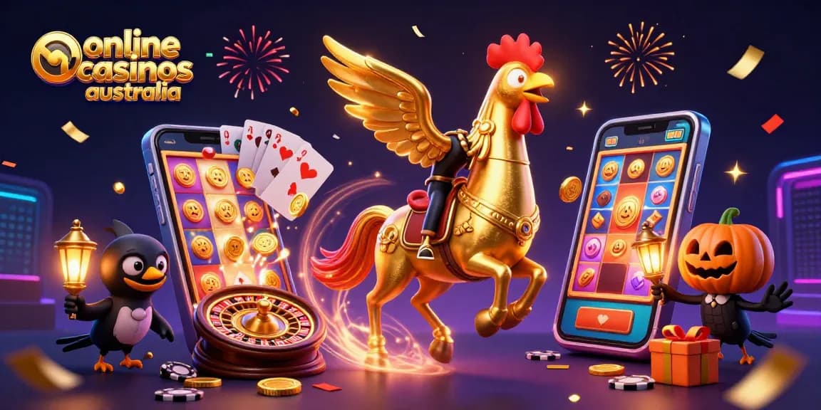 Play vibrant games at online casinos Australia, featuring lively characters and dynamic casino elements.