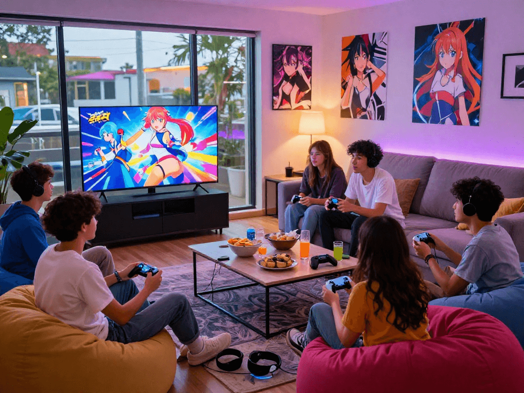 Friends enjoying exciting hentai games in a colorful living room, capturing vibrant gaming atmosphere.