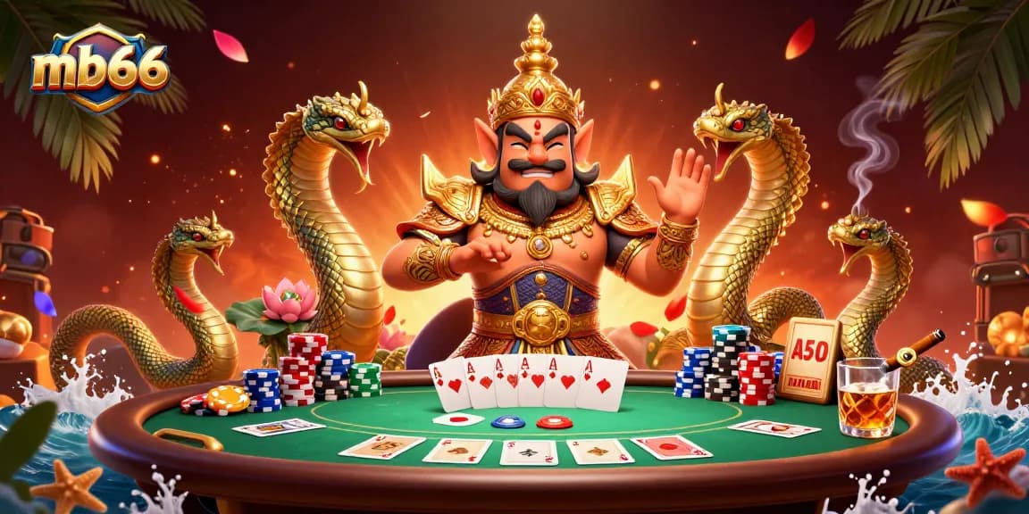 Join the fun at mb66 with vibrant poker elements and mythical guardians in a dynamic casino scene.