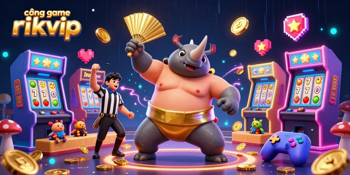 Experience the excitement at cổng game rikvip with a cartoon beetle champion amidst gold coins, slots, and vibrant game machines.