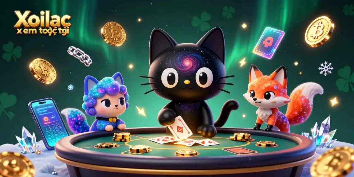 Xoilac xem trực tiếp at a vibrant cosmic casino with unique characters, crypto elements, and action