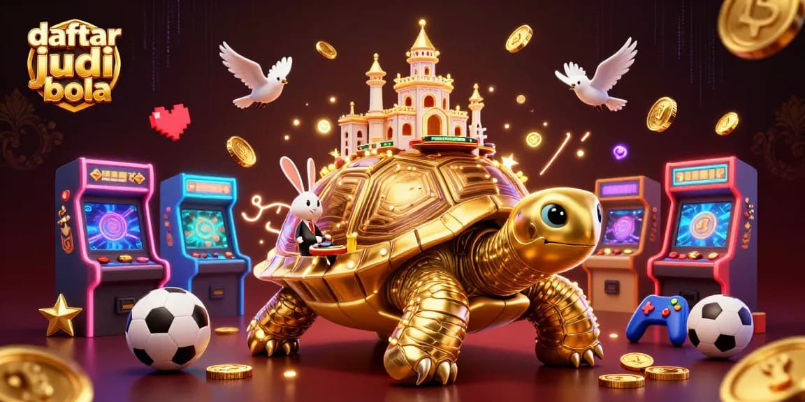 Engage with daftar judi bola in a dynamic sports betting scene featuring a golden tortoise casino and a rabbit dealer.