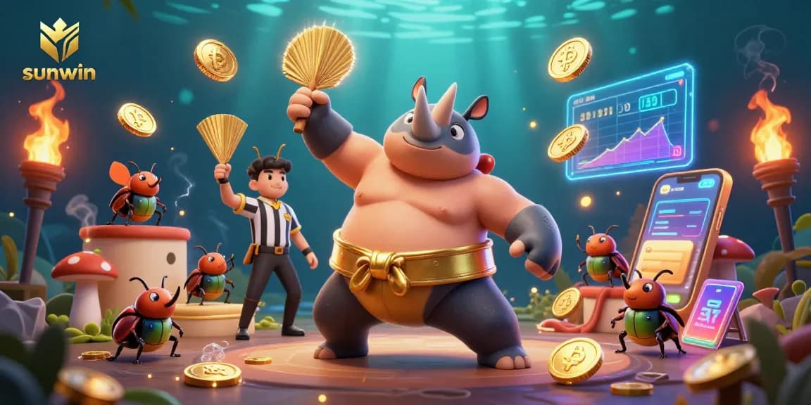 sunwin casino's riveting action featuring a sumo champion beetle amidst glowing digital currencies