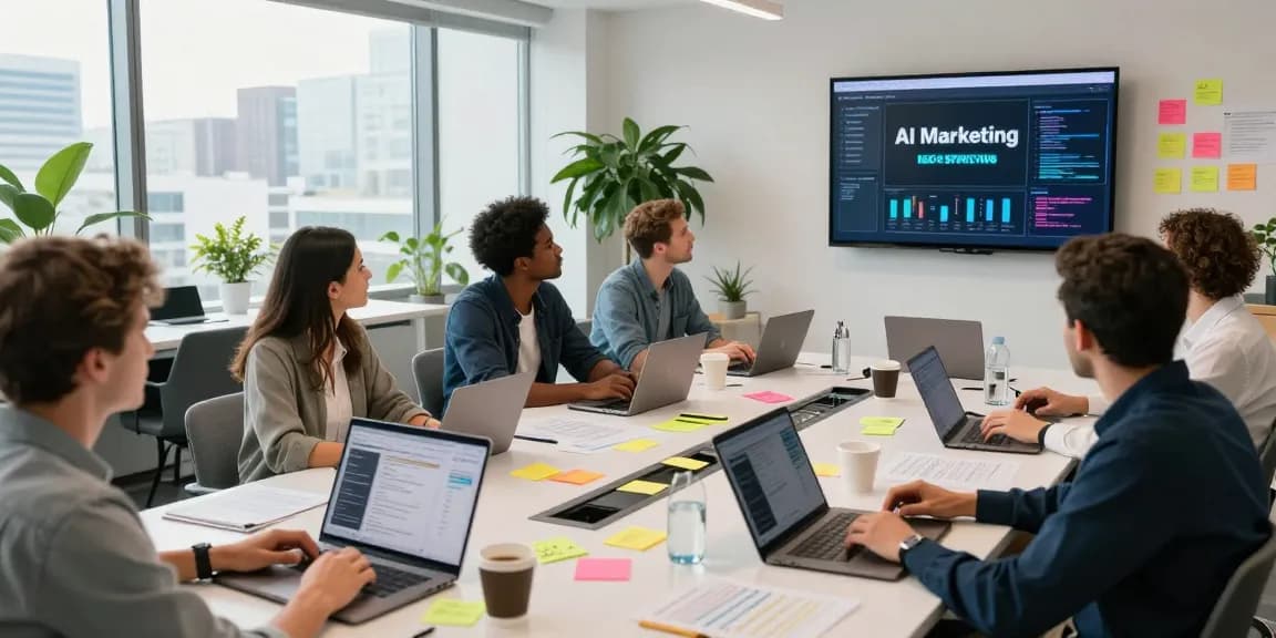 Collaborative marketing team utilizing AI marketing tools in a modern workspace.