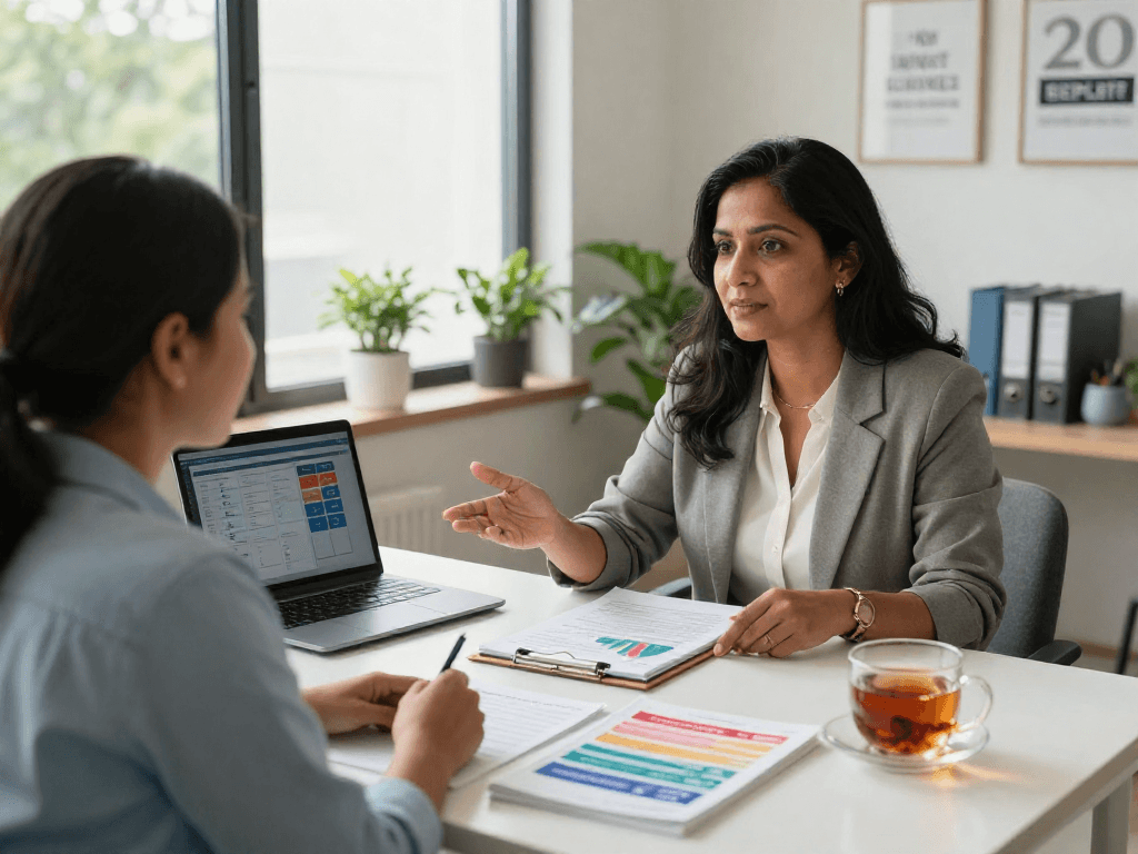 Financial counseling scene at https://credit-consolidation.ca/ with advisor explaining debt relief strategies to client in a warm office.