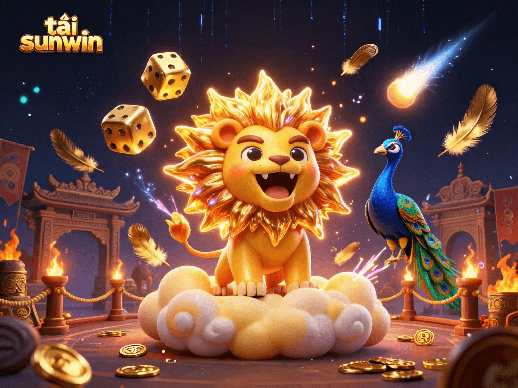 Engage in exciting gameplay with tải sunwin featuring a cartoon sun lion and golden dice.