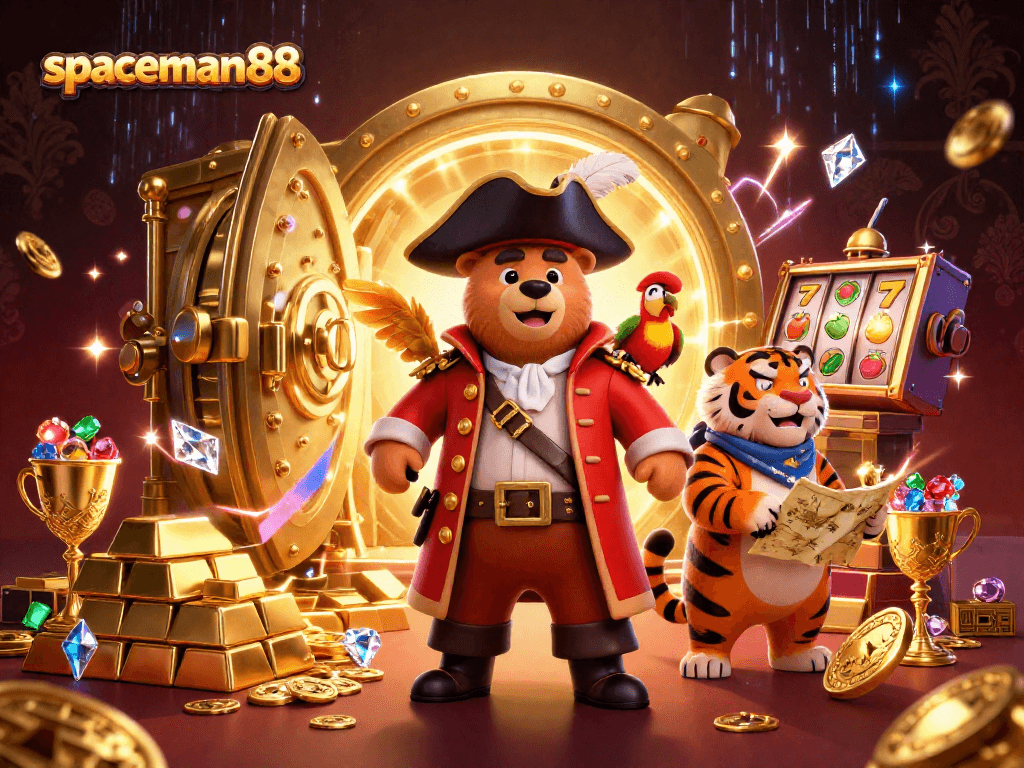 Engage with spaceman88 in a vibrant, immersive 3D casino scene featuring treasure and excitement.