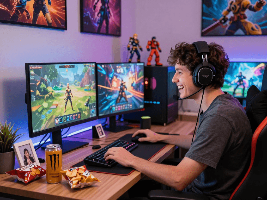 Engaging scene of a gamer enjoying immersive porngame on computer with snacks and vibrant atmosphere.