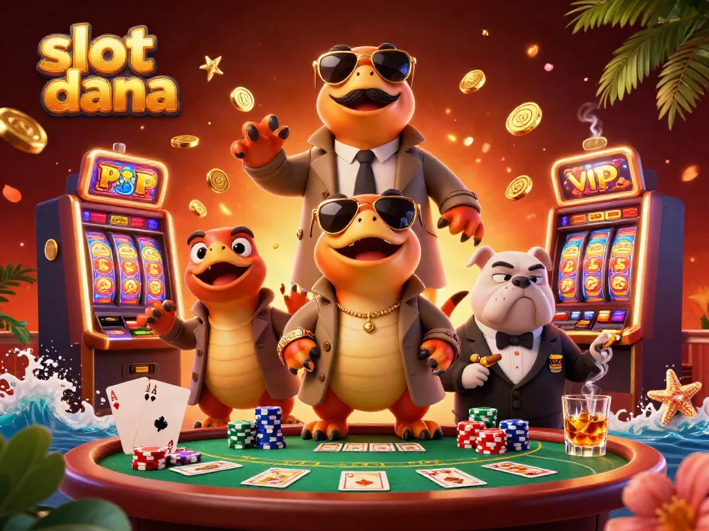 Raptors dressed as a person entering a casino with slot machines and poker elements in an engaging scene for slot dana