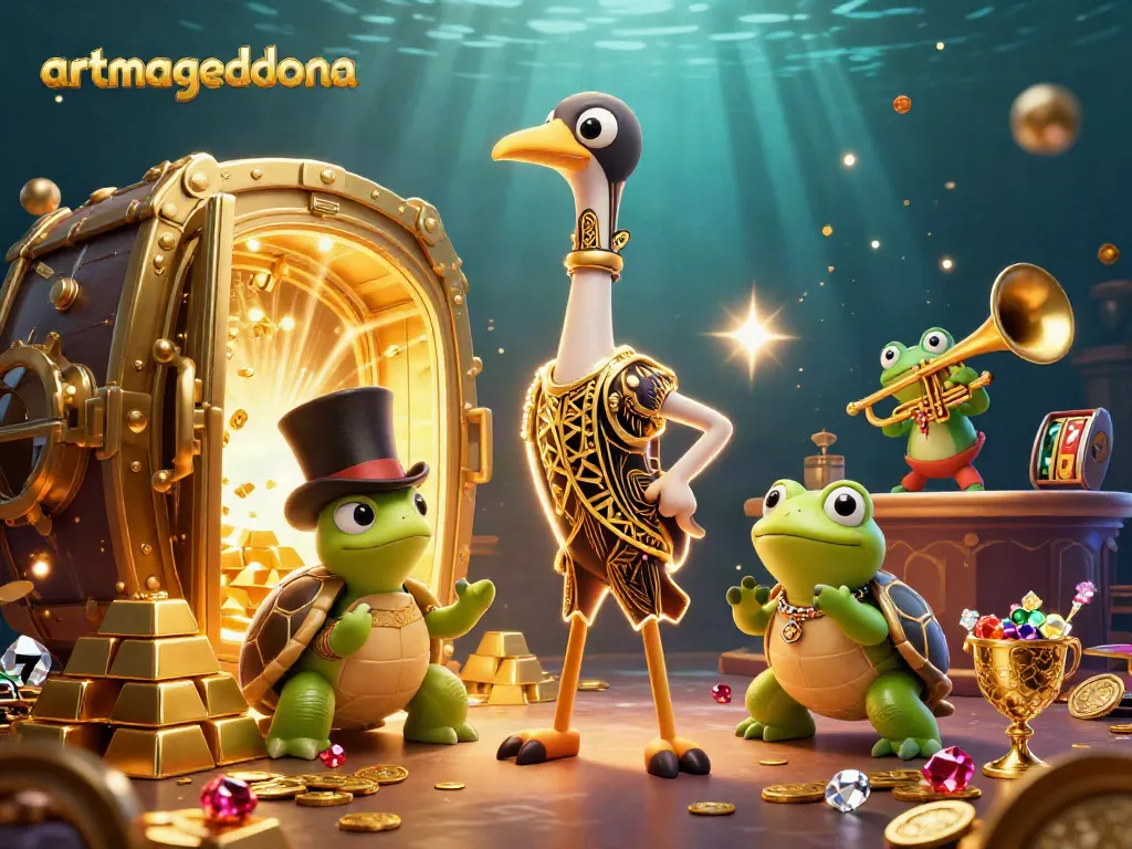 Artmageddonla showcases vibrant 3D characters at a speakeasy casino, surrounded by riches.