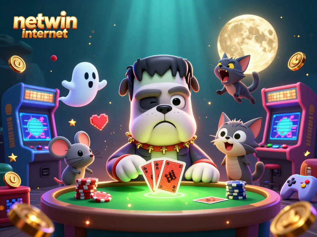 Experience thrilling card games with the netwin internet logo featured in a vibrant casino scene.