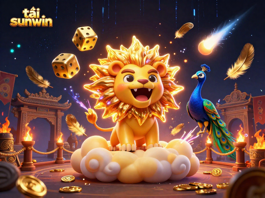 Engage in exciting gameplay with tải sunwin featuring a cartoon sun lion and golden dice.