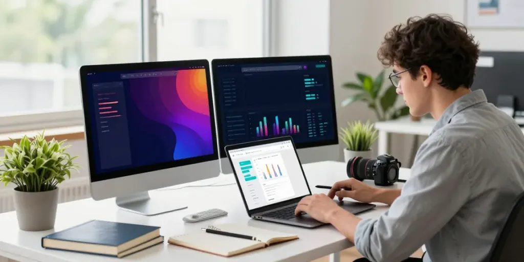 Digital marketer analyzing instant indexing strategies in a modern workspace.
