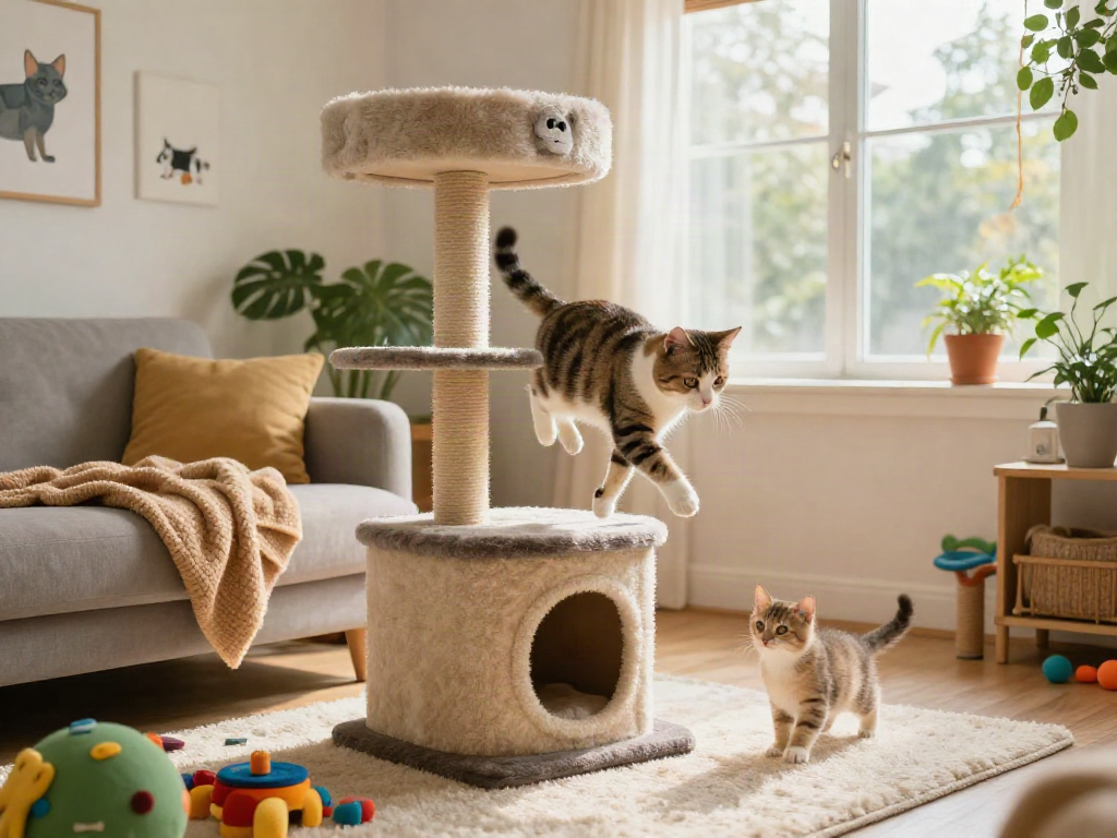 Cat cat tree in a bright living room with playful cats and colourful toys.