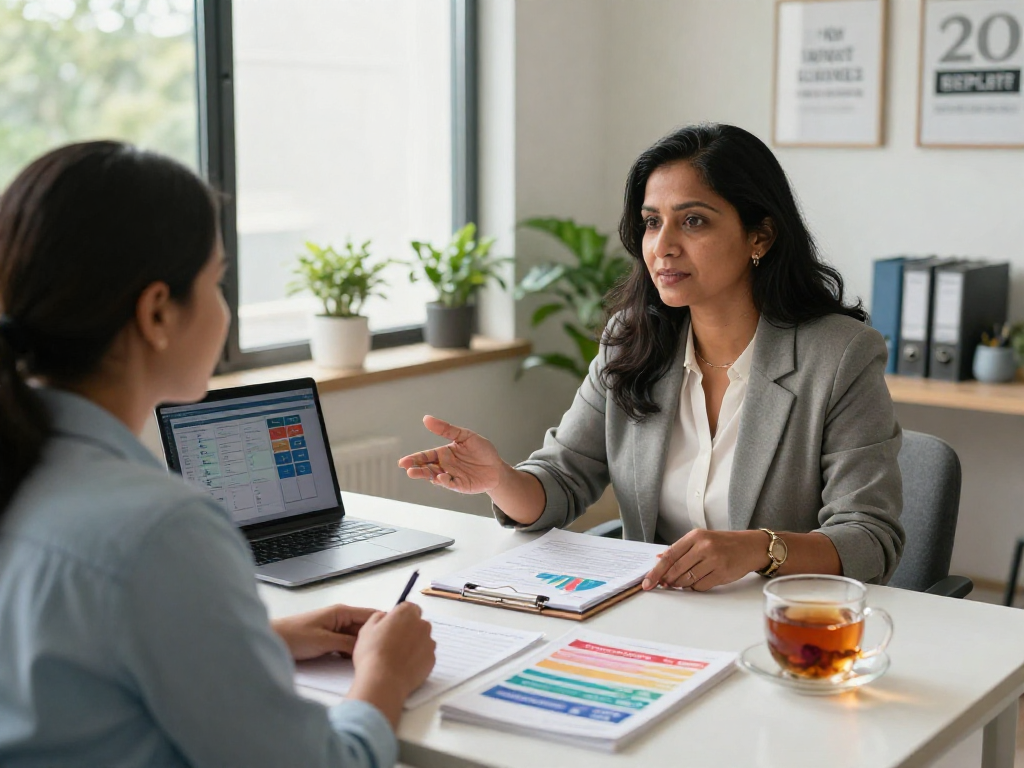 Financial counseling scene at https://credit-consolidation.ca/ with advisor explaining debt relief strategies to client in a warm office.
