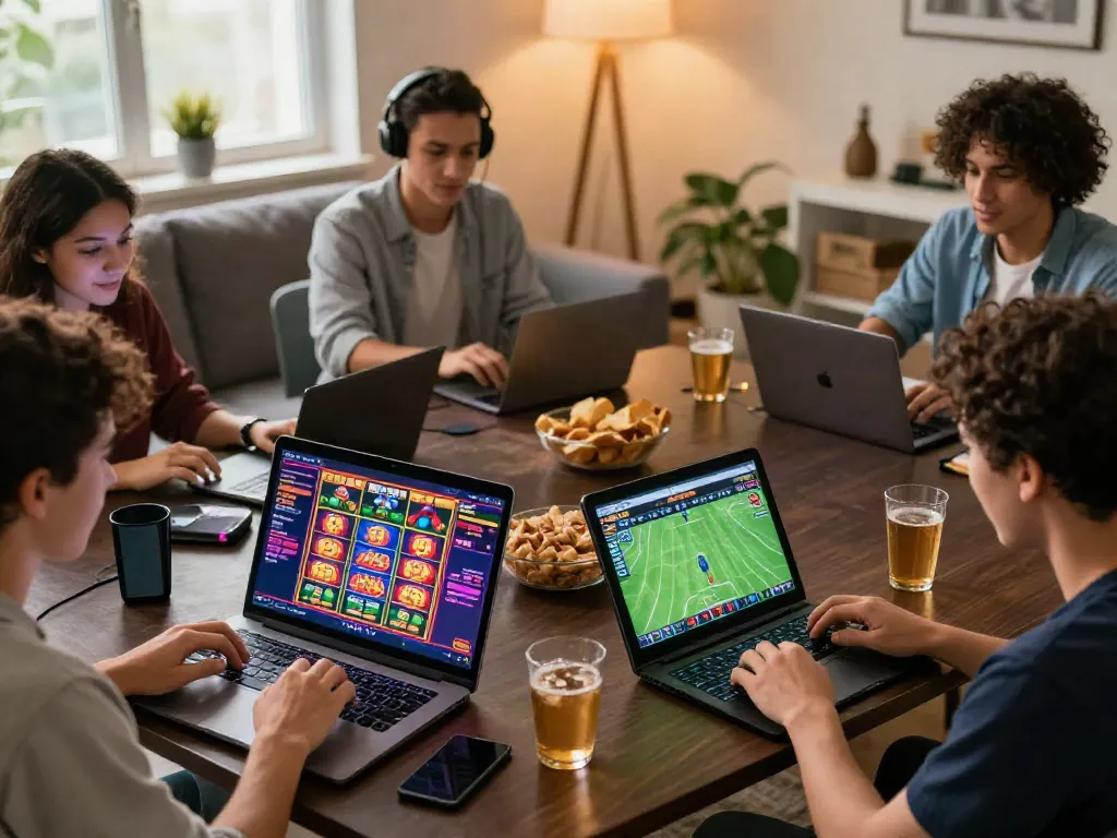 Young adults enjoying debet's online gaming platform at home, showcasing vibrant gaming devices and lively interaction.