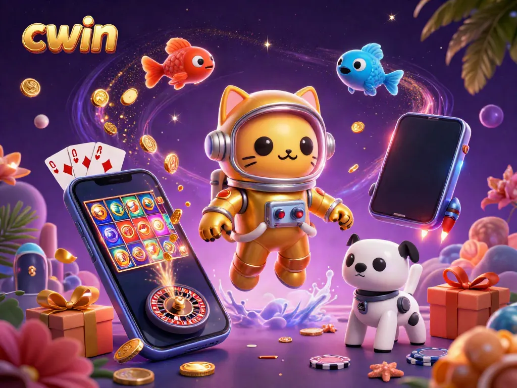 Engage in thrilling gaming adventures at CWIN with a vibrant 3D illustration of a cartoon astronaut cat surrounded by exciting casino elements.