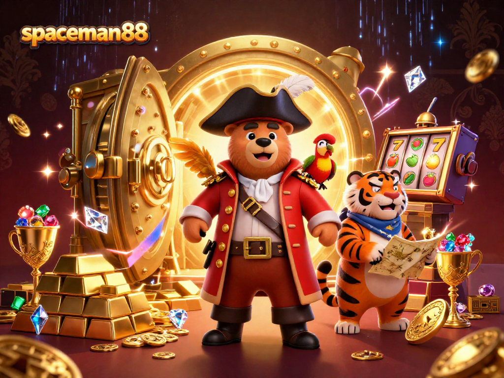 Engage with spaceman88 in a vibrant, immersive 3D casino scene featuring treasure and excitement.