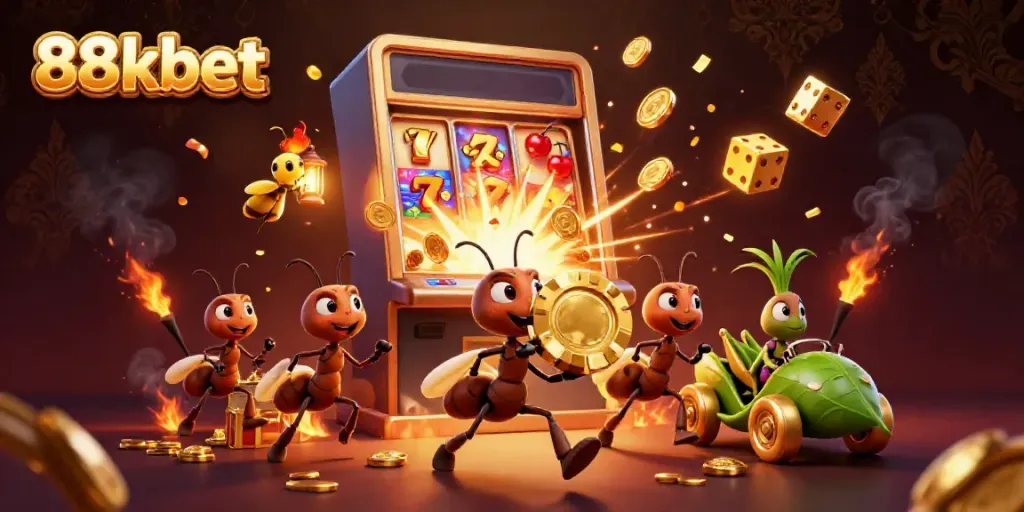 Ants Heist with Golden Poker Chip at 88kbet: Cartoon Scene of a Fun Casino Adventure