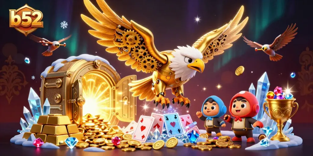 Experience thrilling b52 casino adventures with a cybernetic eagle surrounded by treasures and cards.