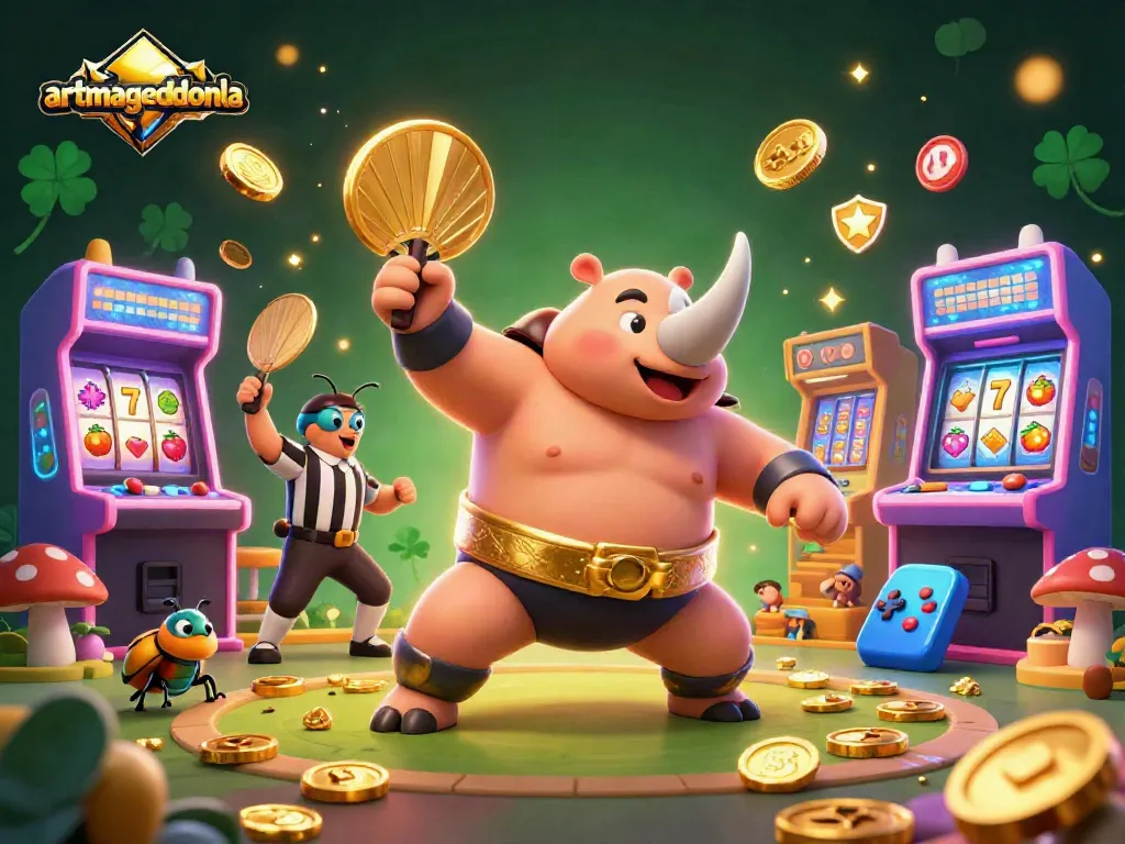 artmageddonla showcases a dynamic 3D scene with casino-themed elements featuring a beetle champion.