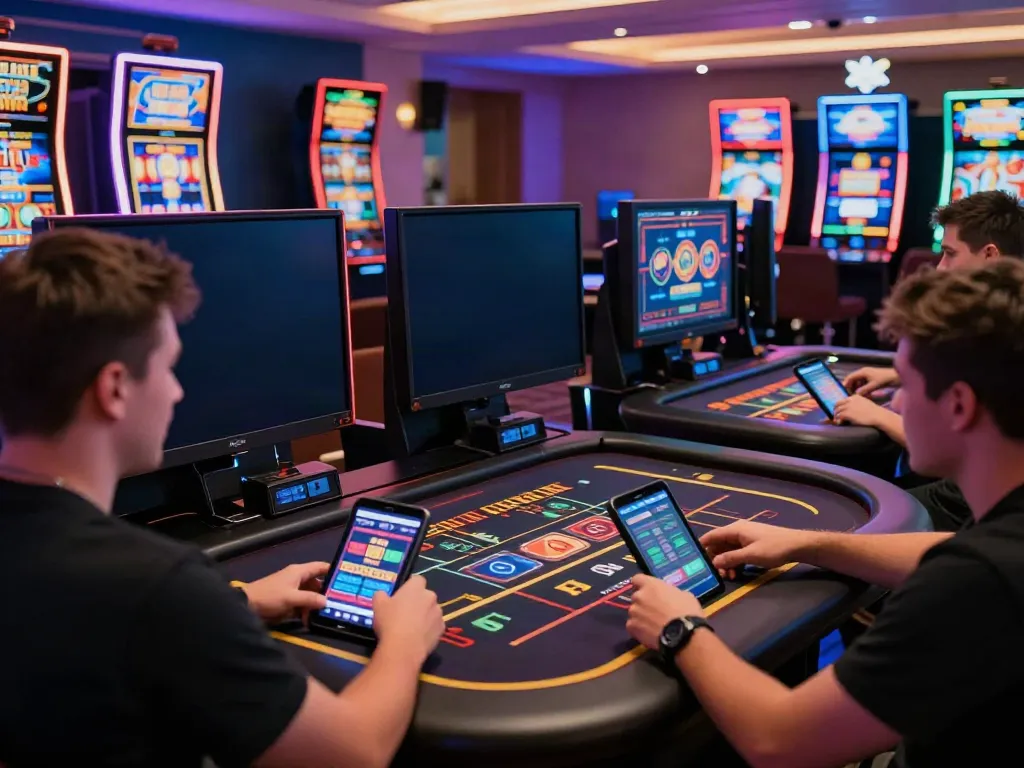 Experience online gaming excitement at https://tx88bet.vip/ with vibrant slot machines and friends enjoying live casino.