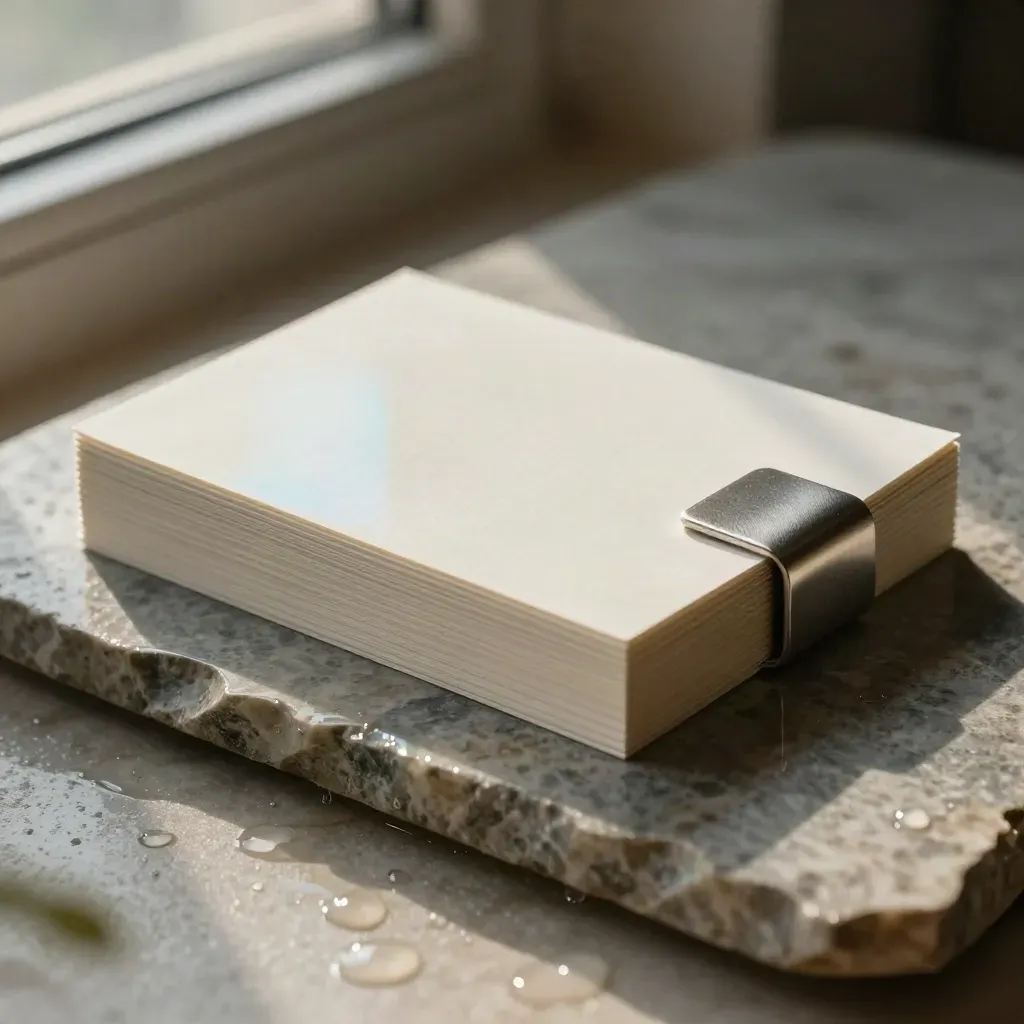 Brushed ivory template folio on wet stone with water beads and a faint blue glint.