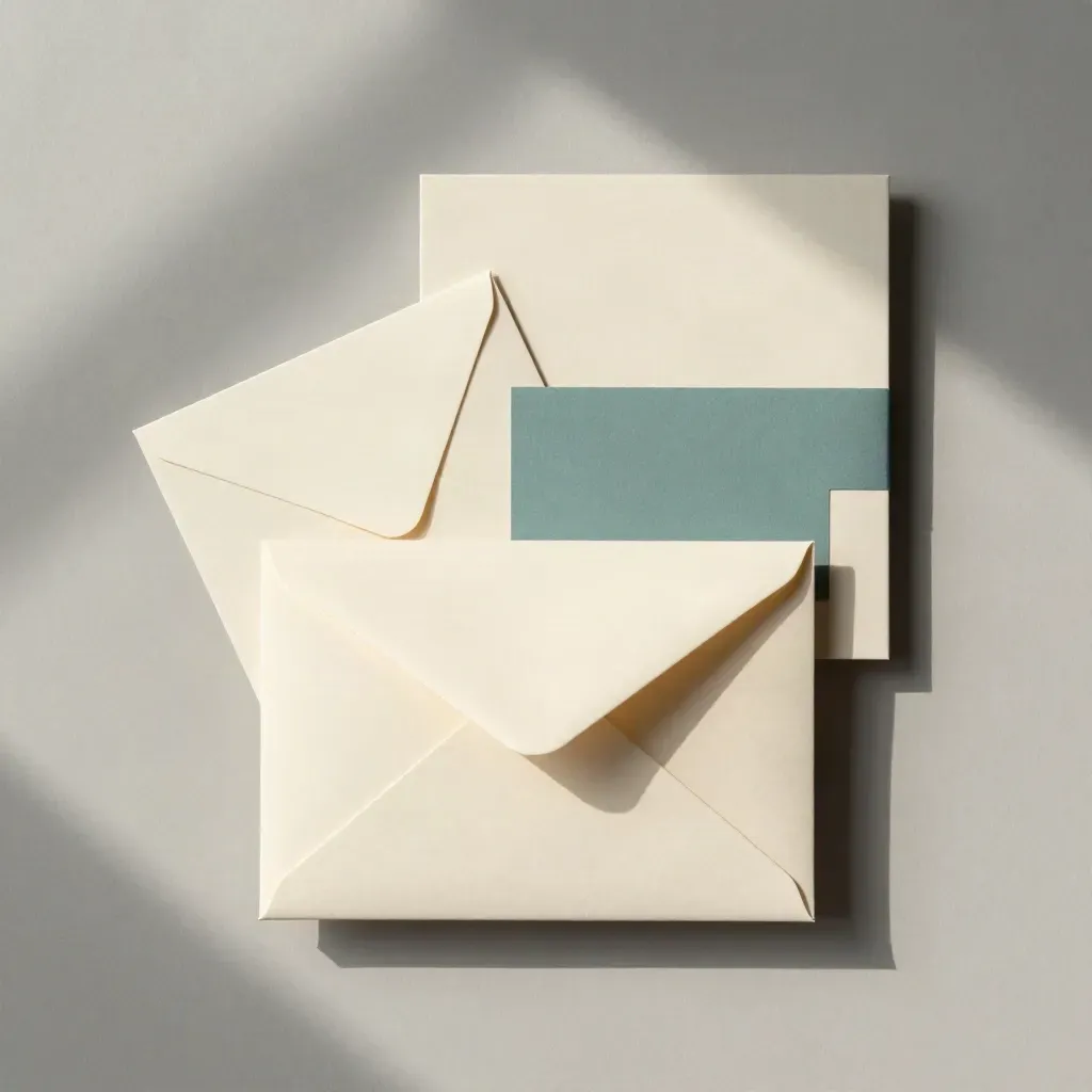 Overhead flatlay of a starter send pack box with fanned inserts on pale plaster.