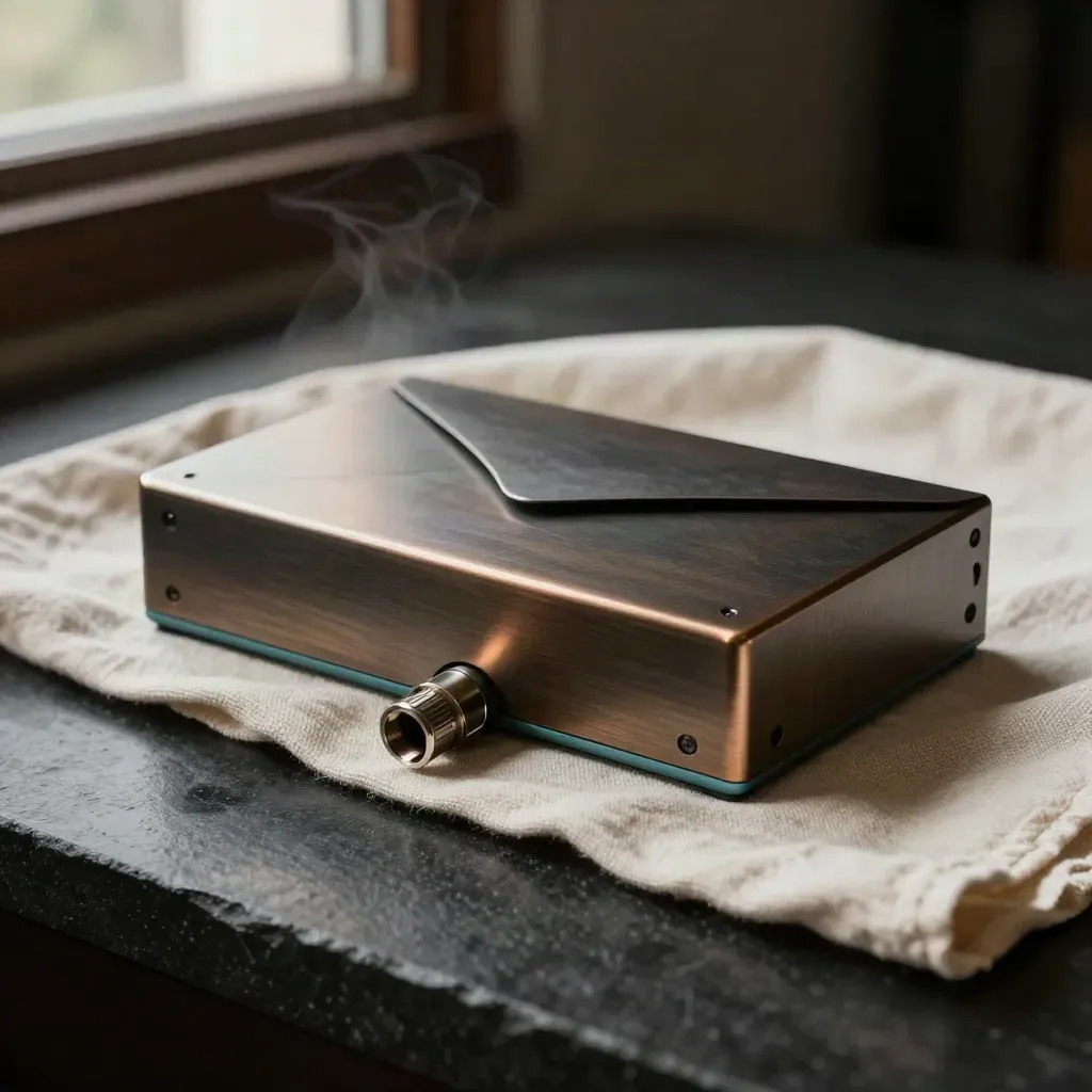 Brushed metal SMTP relay unit nestled in cream fabric with a teal accent on black stone