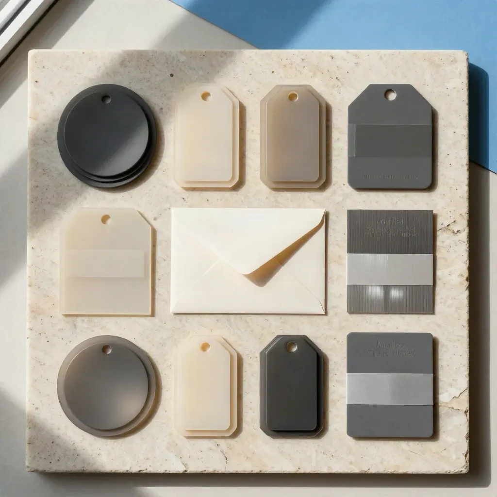 Overhead flatlay of tag discs, sorting tiles and envelope strip on pale travertine stone.