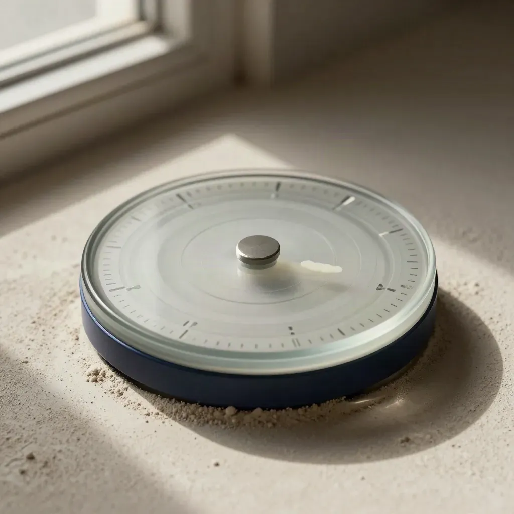 Macro glass dial with health rings, puck, and indicator bar in plaster dust and mist