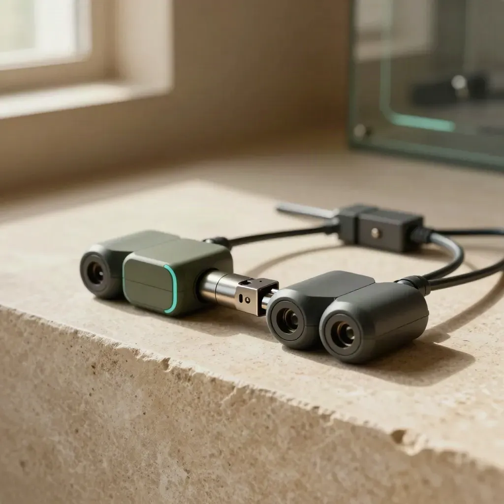 API adapter module locked between cable clusters on a stone ledge in soft daylight