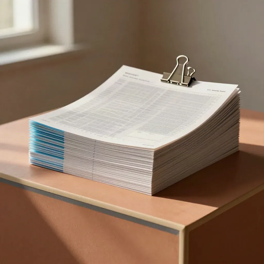 Stacked report sheets with blue tabs and clip on a terracotta plinth in soft studio light.