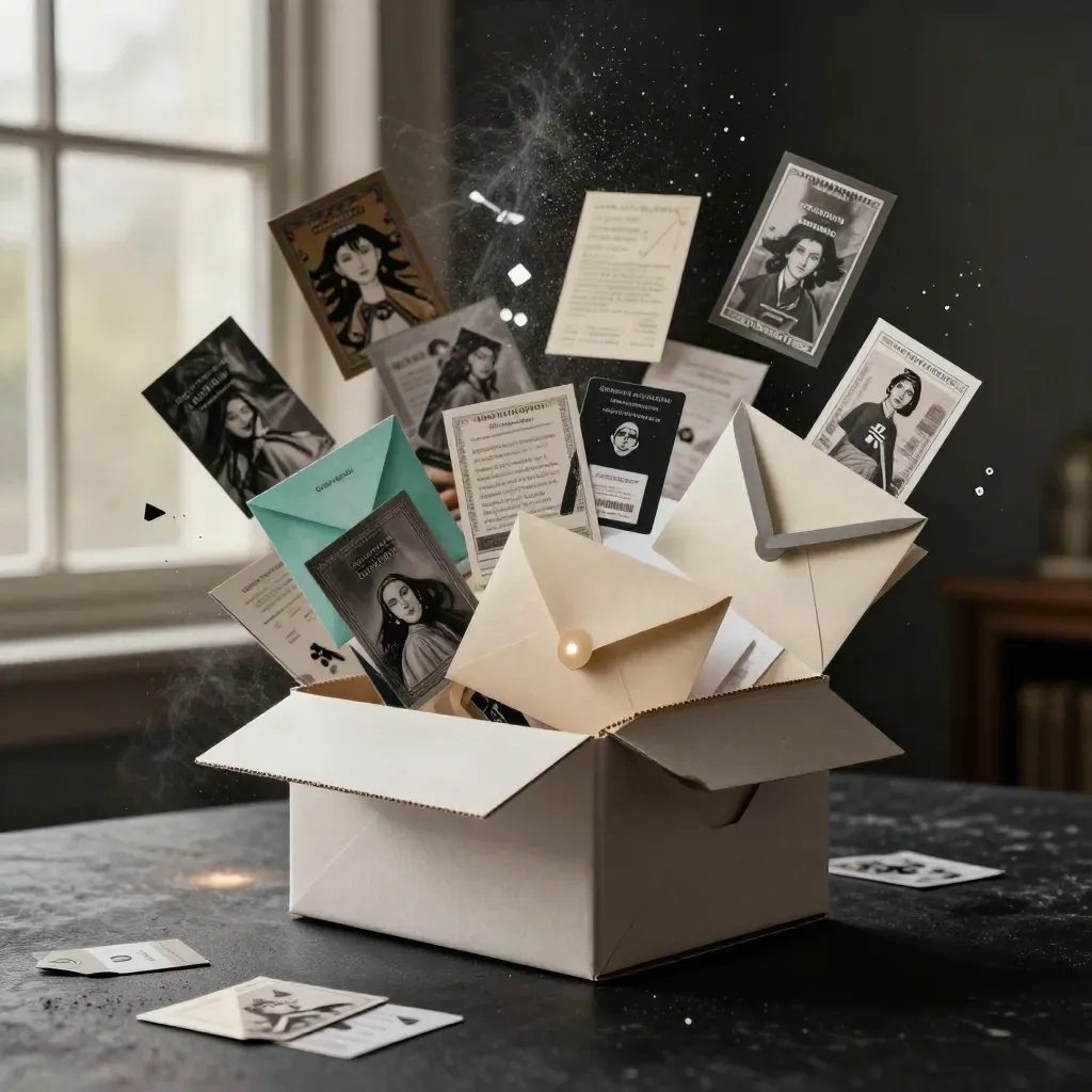 Mailer Cloud bundle box with cards, ribbons and tokens bursting in misty dramatic light.
