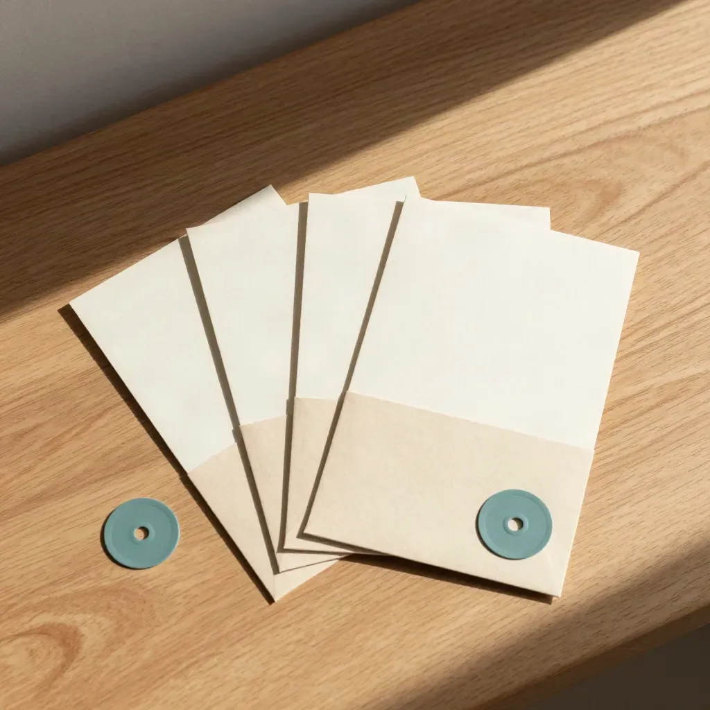 Top-down flatlay of three welcome flow cards, envelope strip and teal routing disc on pale walnut.