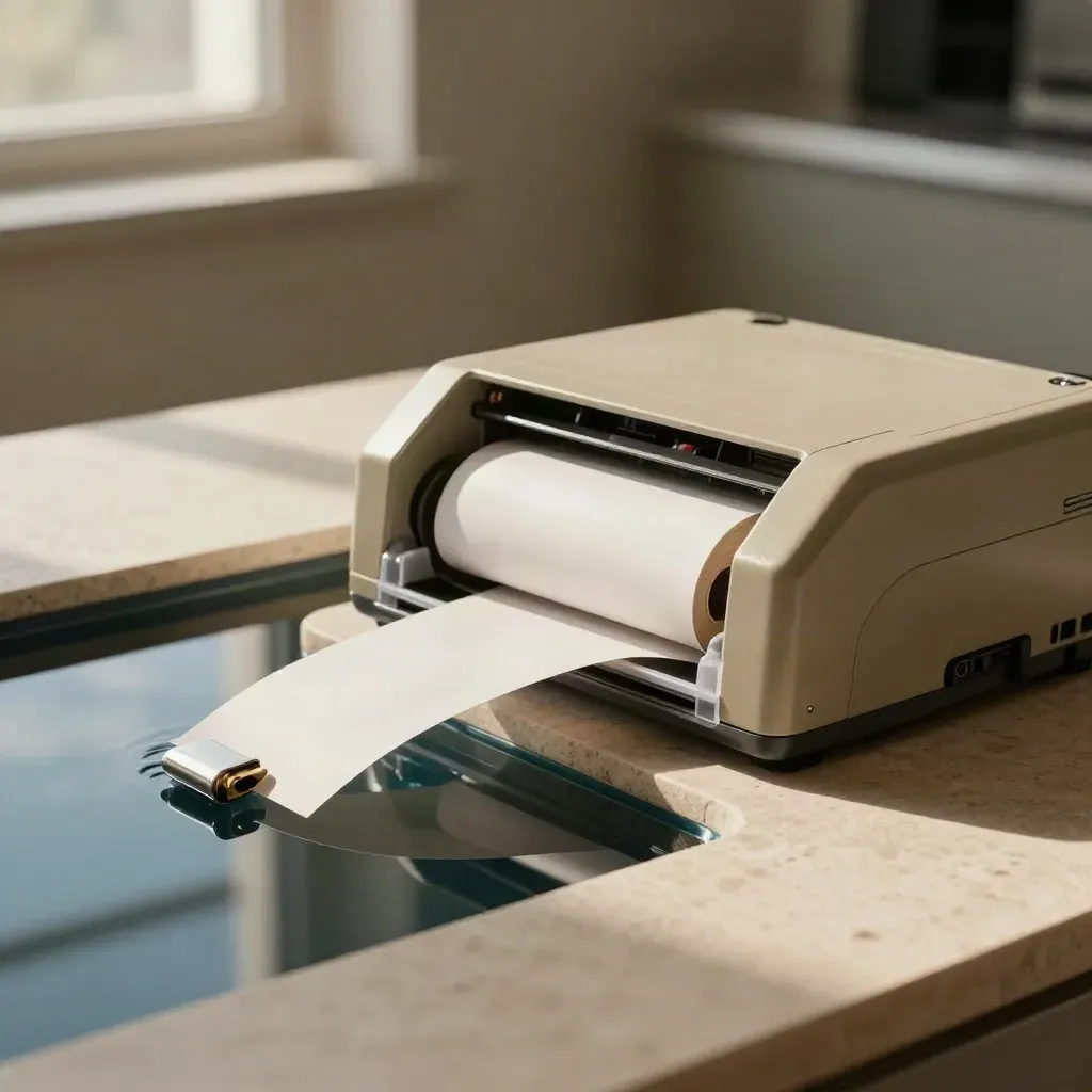 Slim SMTP cartridge gliding through mist beside a rolled paper sleeve on stone.
