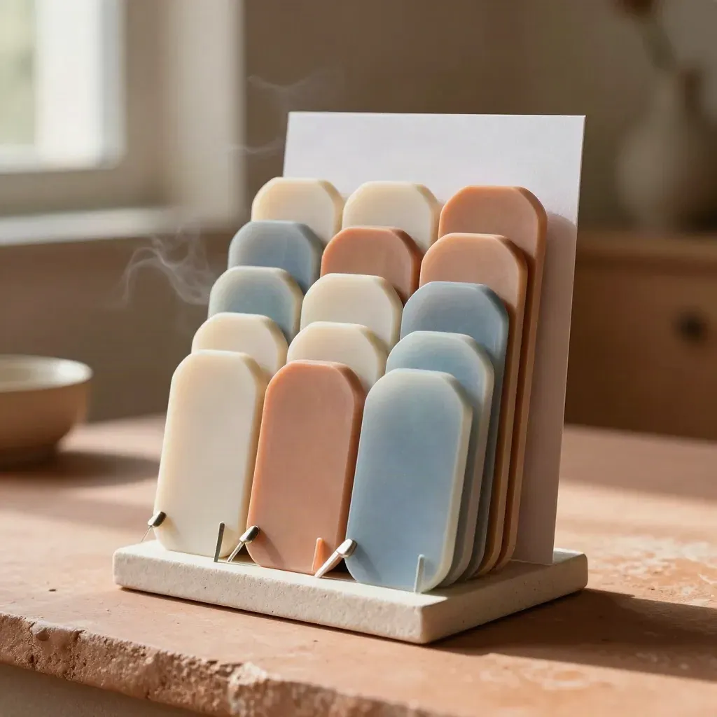 Stacked audience-tag tiles with sky-blue accents on a terracotta base, lit in soft studio daylight.