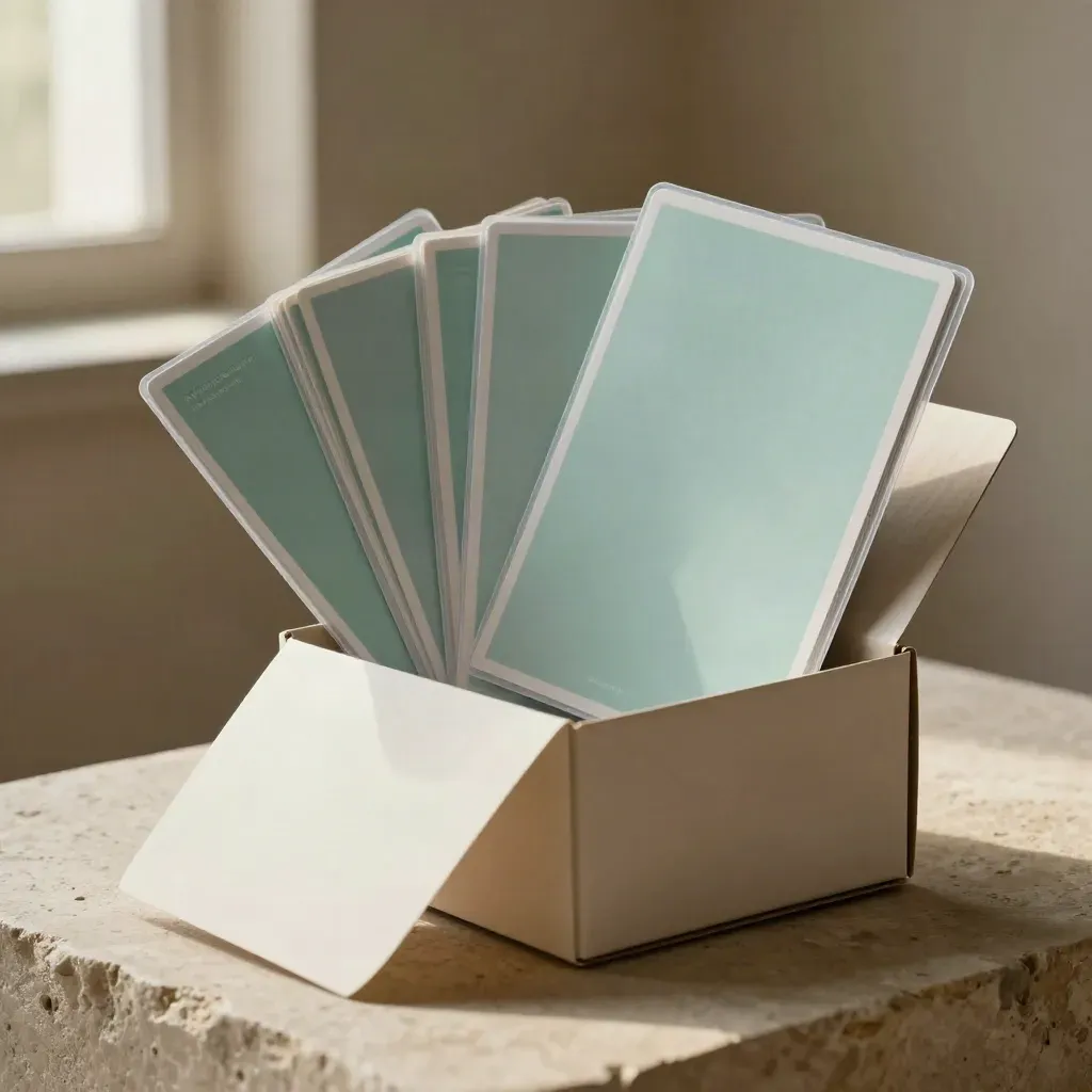 Open kit box with translucent cards and proof sheets on pale stone