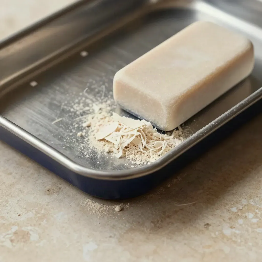 Brushed metal cleanup tray with eraser block and paper sweep on limestone, dust gathering in macro.