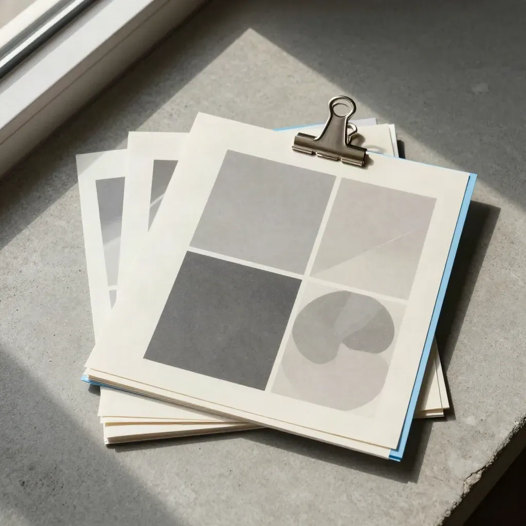 Overhead report folio with translucent sheets, blue accent strip and binder clip on concrete.