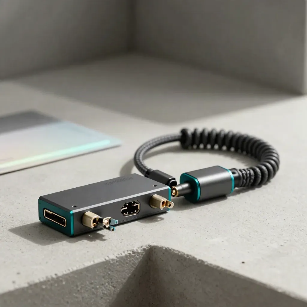 Developer API hardware pack with teal connector blocks and braided cable on pale concrete.