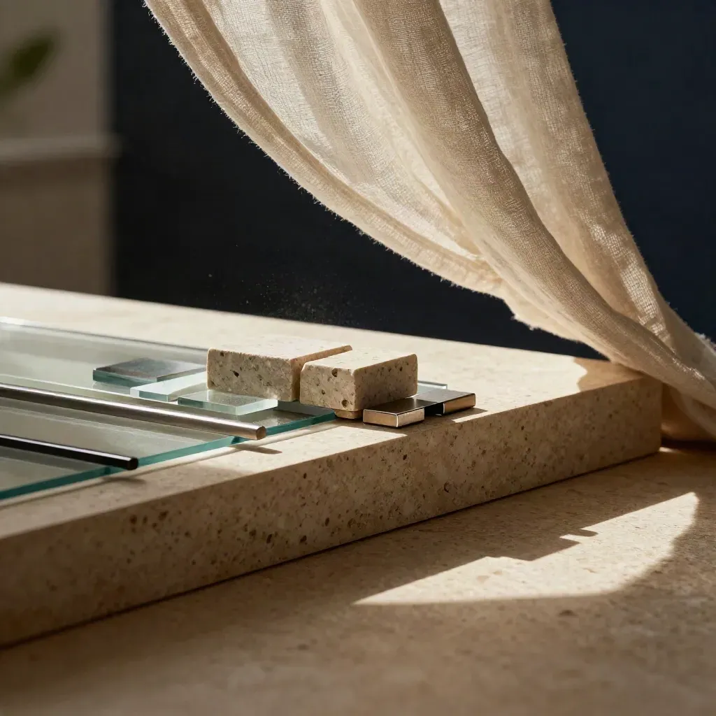 Travertine campaign tools vignette with stone blocks, linen, and soft sunlight