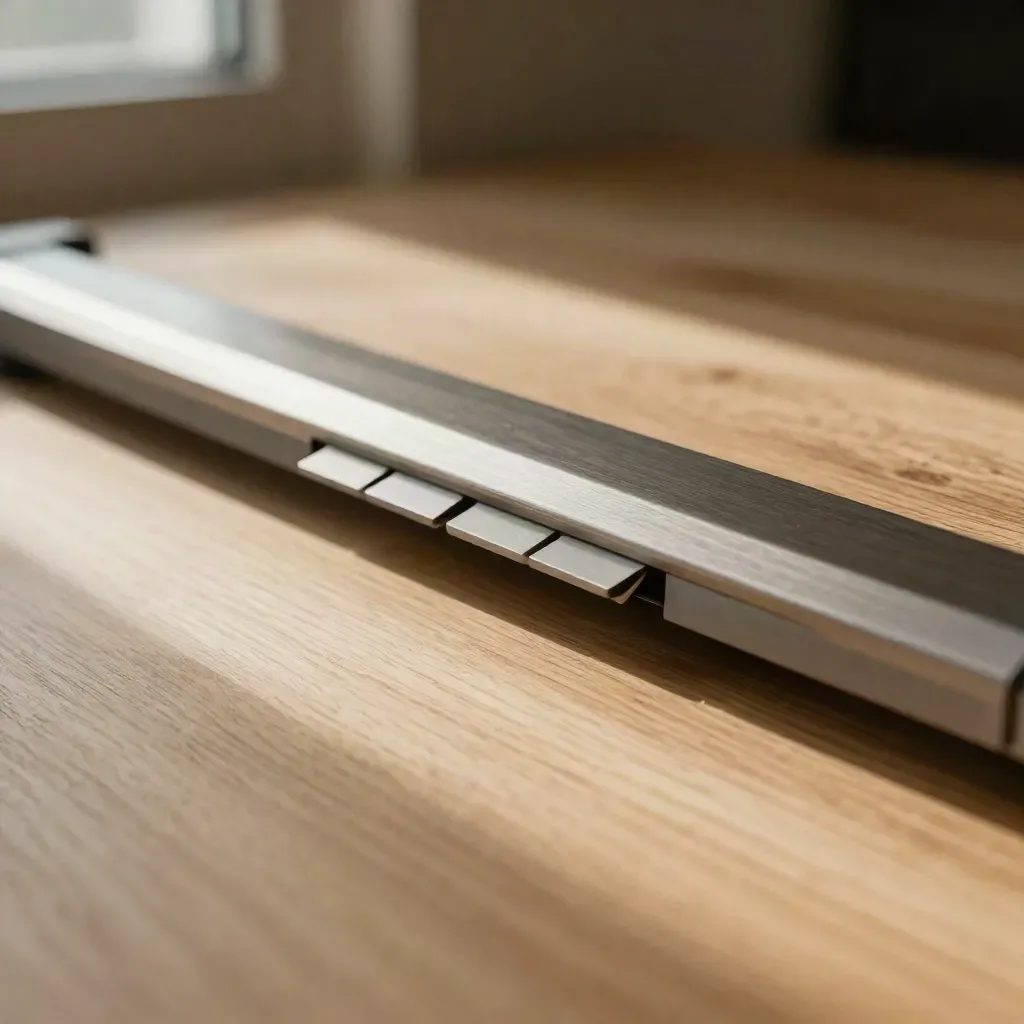 Warm oak surface with metal rail and folded paper arc under soft afternoon light.