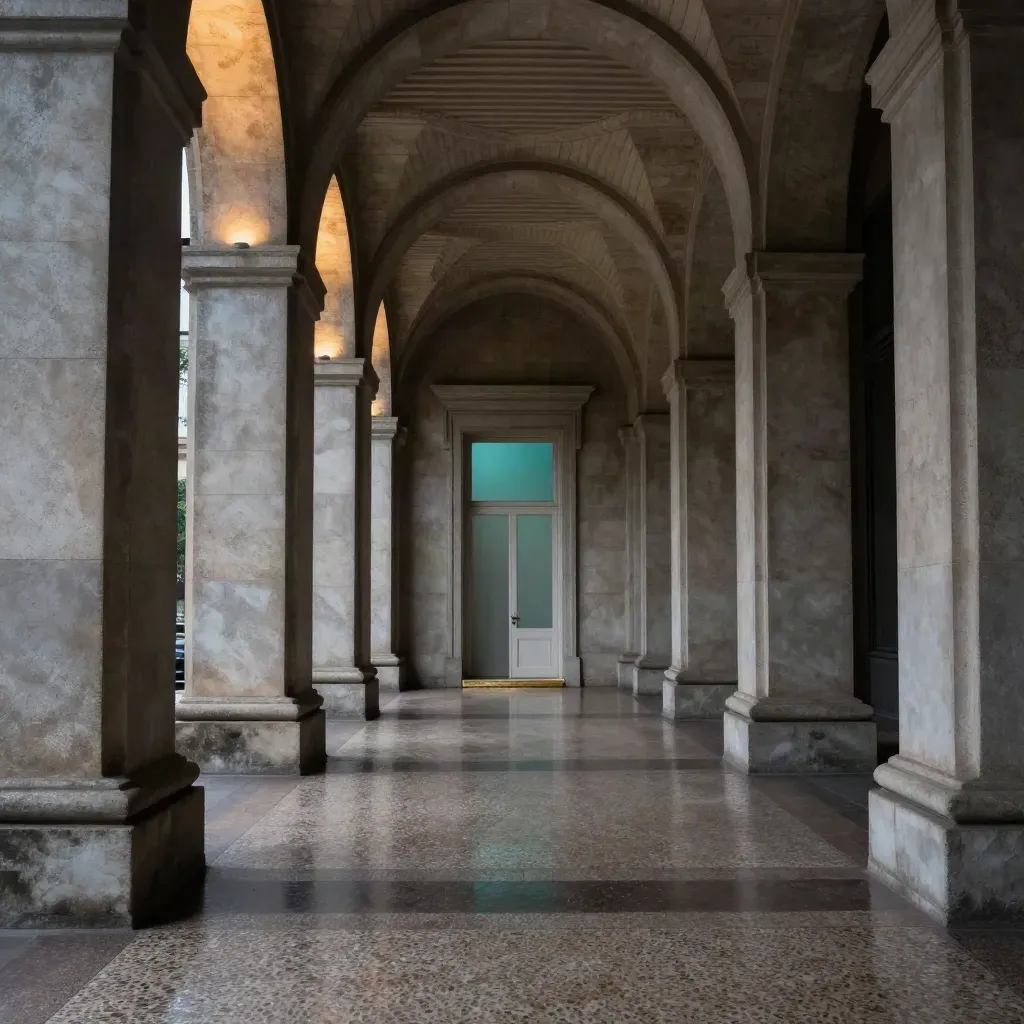 Stone colonnade corridor with wet floor, pale doorway high above, warm evening light.