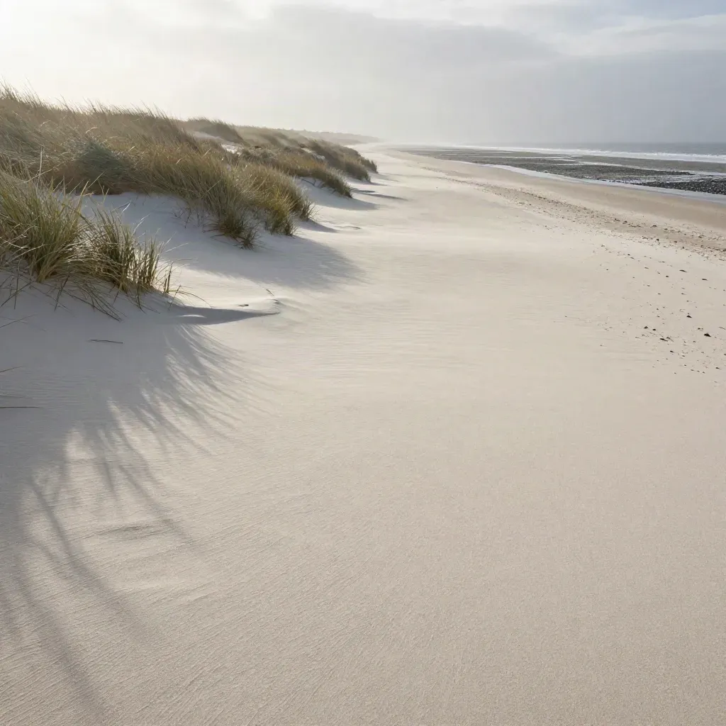 Chalky coastal terrace with pale sand and wind-cut grass under hazy late sun.