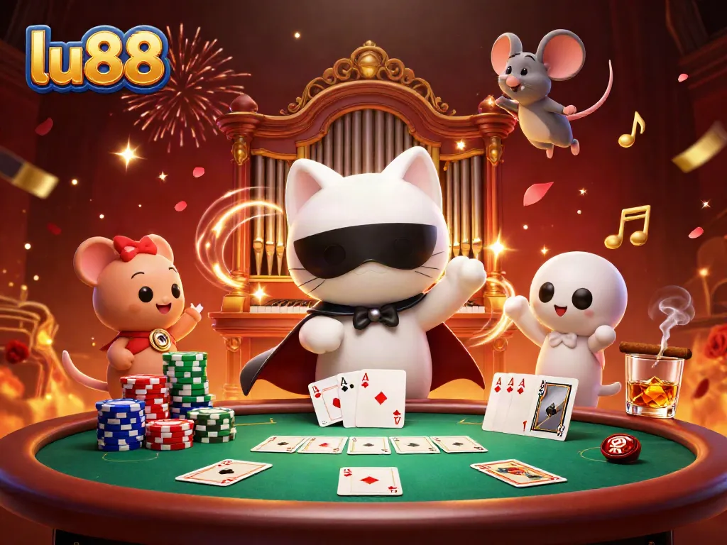 Experience thrilling gaming action at lu88 with a captivating 3D illustration featuring casino elements and vibrant characters.
