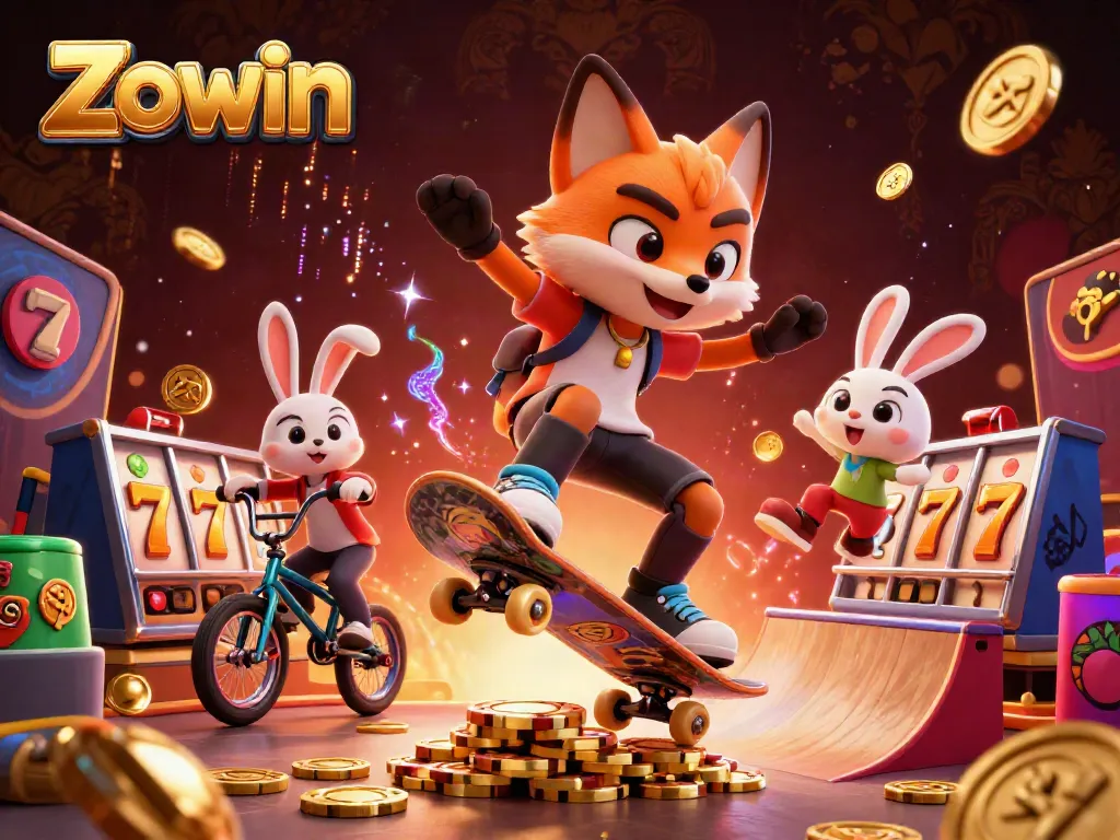 Zowin showcases a lively 3D scene of a fox and rabbit in a vibrant casino setting, emphasizing interactive gameplay.