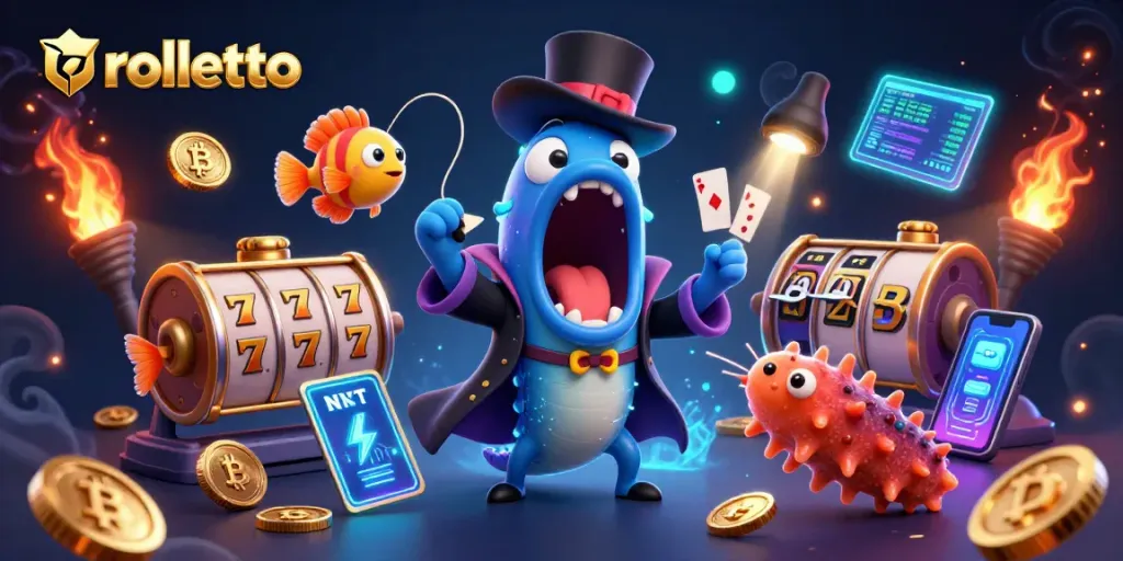 rolletto showcases a vivid casino scene with magical elements and crypto graphics in action.