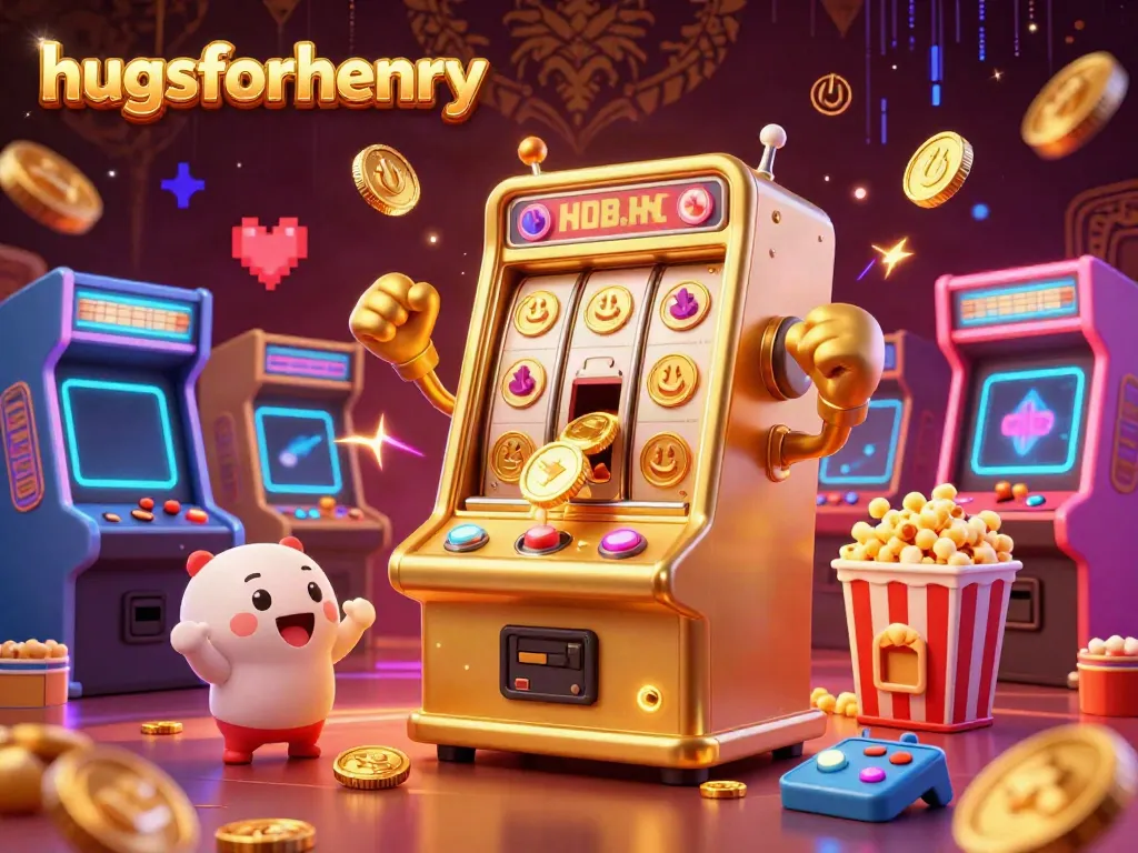 Spin and win with hugsforhenry, a lively scene of a golden slot machine hitting the jackpot amidst cheering machines and arcade elements.